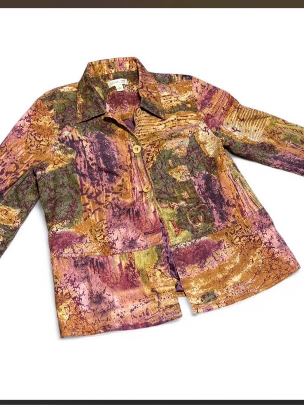 Abstract Printed Button-Up Jacket in Purple, Green & Gold